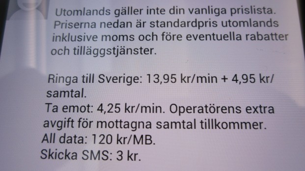 Information text message about roaming charges abroad